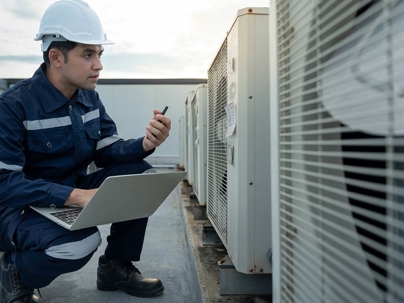 an HVAC tech checking the outdoor units