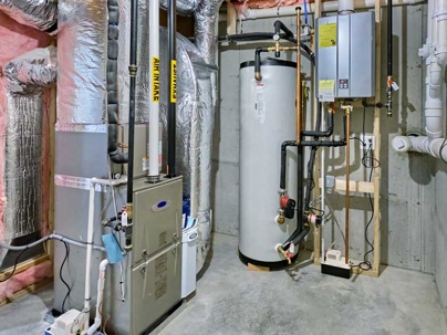 a utility room or basement containing a home's central heating and hot water systems.