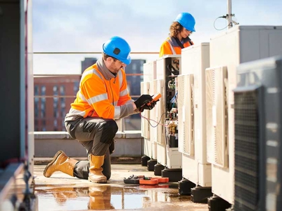 HVAC technicians checking the outdoor units